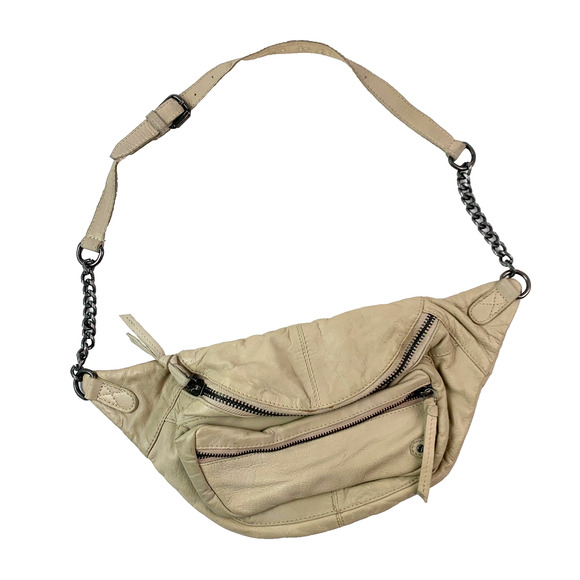 Free People Archer Oatmeal Chain Leather Crossbody Small Sling Hip Bag Purse - Picture 1 of 12